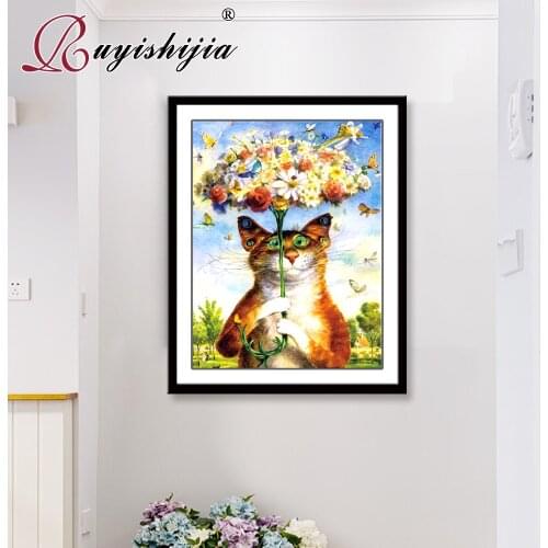 RUYISHIJIA 5D Diamond Painting Full Drill Square Diamond Mosaic Embroidery Pictures of Rhinestones diamant Animals Cat
