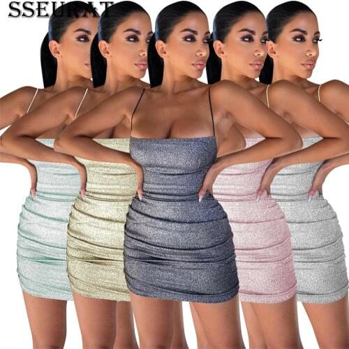 SSEURAT Party Ruched Mini Dress Women Hollow Out Sexy Clubwear Short Dress Female Spaghetti Strap Pencil Dresses 2021