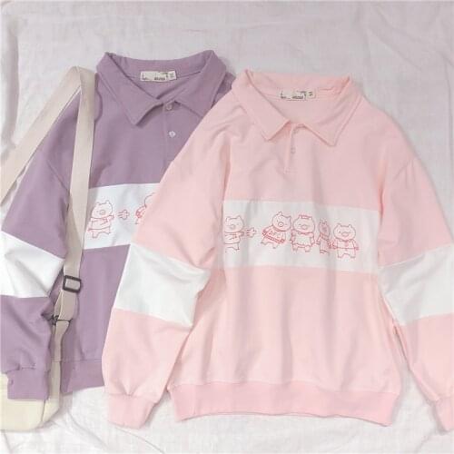 Japanese Young Girl Harajuku Cute Pig Print Women Long Sleeve Hoodies Student Pullover Shirts Spring Polo Collar Sweatshirt Tops