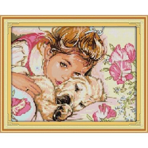 The Girl and Dag Print Pattern Cross Stitch Kit Counting Patterns Dmc Embroidery All for Knitting Needlework Set Baby Room Decor