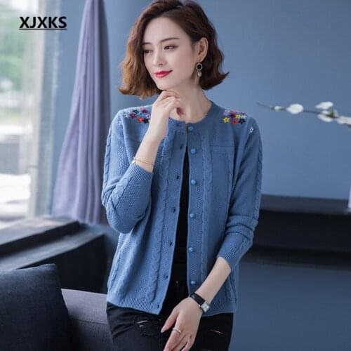XJXKS 2021 spring autumn new fashion embroidery women sweater cardigan fashion wool knitted coat women jacket