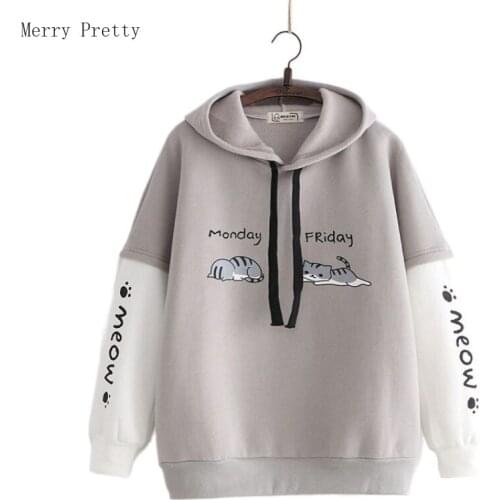 Harajuku Graphic Cat Print Kawaii Hoodies Women Cotton Sweatshirts 2021 Spring Long Sleeve Korean Fashion Ladies Cute Tops