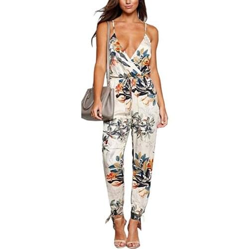 Women Jumpsuits New Casual V Neck Floral Print Spaghetti Strap Female Bodysuit Bohemia Plus Size Drawstring Sexy Female Rompers