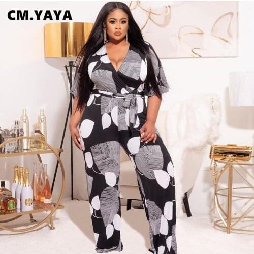 CM.YAYA Women Plus Size Jumpsuit Print Short Sleeve V-neck Bandage Sashes Loose Straight Jumpsuits One Piece Overalls Summer