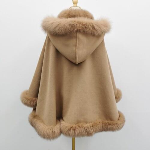 Womens Real Fox Fur Hood Coat Cape High Quality England Style Wool Coat Ladies Winter Loose Warm Fur Poncho