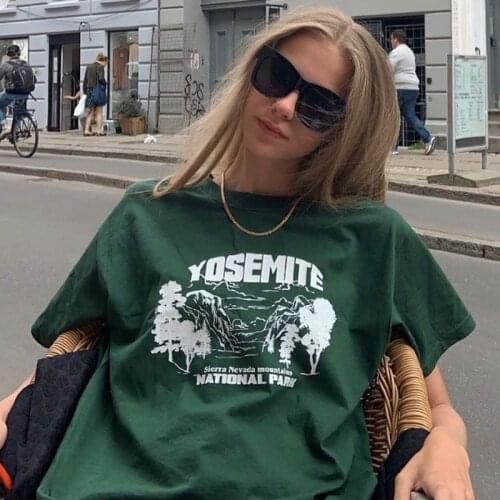 2021 Punk Goth Vintage Green YOSEMITE Letter Printing T Shirts Pure Cotton Loose Summer Plus Size Tops American Casual y2k tops