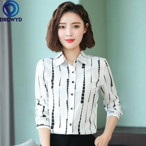 2021 Summer Women Blouses Fashion Striped Black White Print Chiffon Blouse Women Shirts Long Sleeve Plus Size Ladies Tops DROWYD