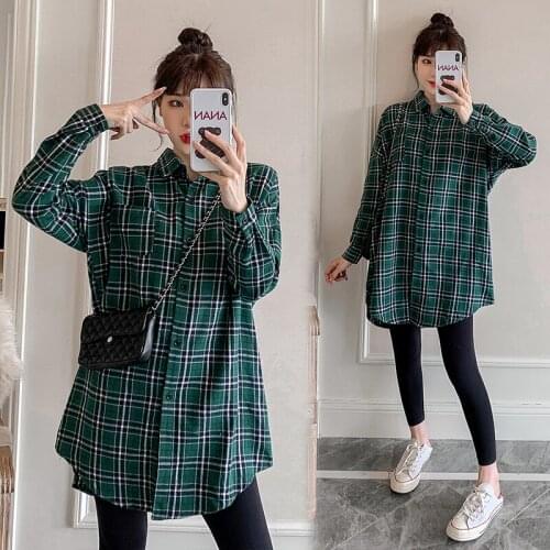 5586# Maternity Clothes Spring Autumn Plaid Turn Down Collar Long Sleeves Loose Stylish Tops Pregnant Women Tops