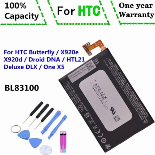 100% Capacity 2020mAh BL83100 Battery For HTC X920e X920d Butterfly Droid DNA HTL21 Deluxe DLX One X5 Phone Battery + Tools
