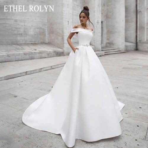 ETHEL ROLYN Satin A Line Wedding Dresses 2021 Boat Neck With Sleeves Bride Dress Lace Up Button Vestido De Noiva Wedding Gowns