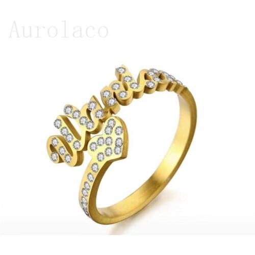 Aurolaco Customized Name Ring Zircon Letters Rings with Heart Couple Name Ring Family Ring Adjustable Wedding Ring