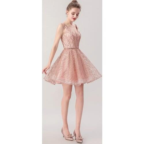 Glitter Homecoming Dress for Juniors Sleeveless Pink Cocktail Dress V Neck Sparkly A Line Party Gowns Beading Short Prom Dress