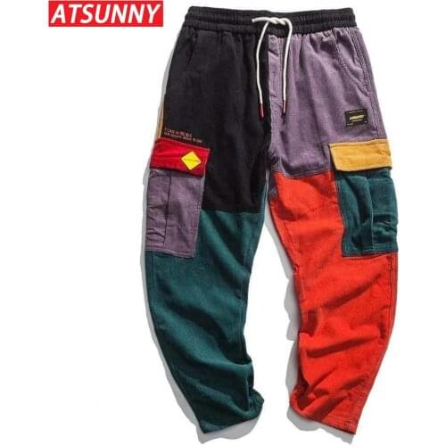ATSUNNY Color Stitching Cargo Pants Pocket Casual Streetwear Harajuku Sweatpants Male Hip Hop Trousers