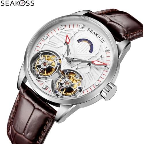 Seakoss Double Tourbillon Watch Men Luxury Sapphire Glass Skeleton Turbillon Mechanical Hand Wind Wristwatch Men Reloj Hombre