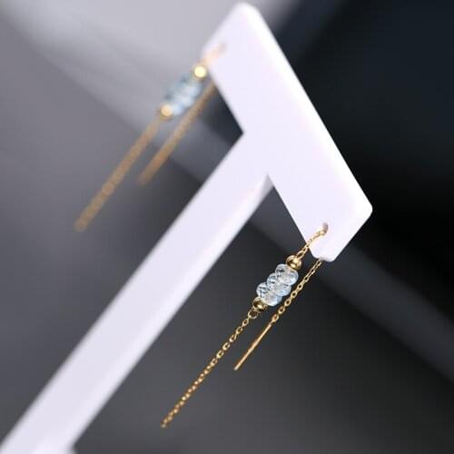 DAIMI Aquamarine earrings female genuine Gemstones yellow 18K gold long earrings Tanabata gift for girlfriend
