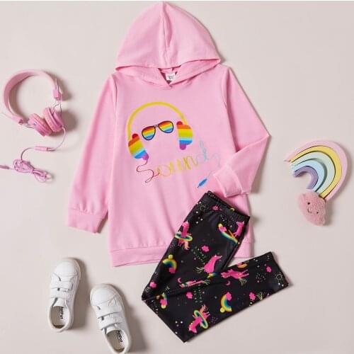PatPat 2-piece Kid Girl Headphone Glasses Print Pink Hoodie and Unicorn Rainbow Print Leggings Set