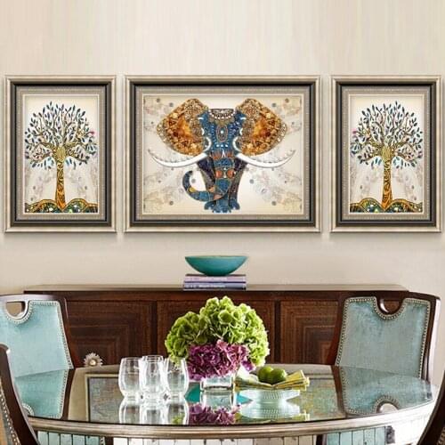 EECAMAIL Lucky Elephant Triptych Diamond Painting Retro 5D Rhinestones Painting Mosaic Inlay Diamond Embroidery Crafts Animal