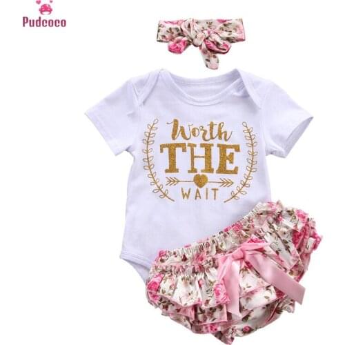 3 Pieces Kids Newborn Infant Baby Girls Clothes Set Short Sleeve Print Romper+shorts+Headband Outfit Clothing Sets