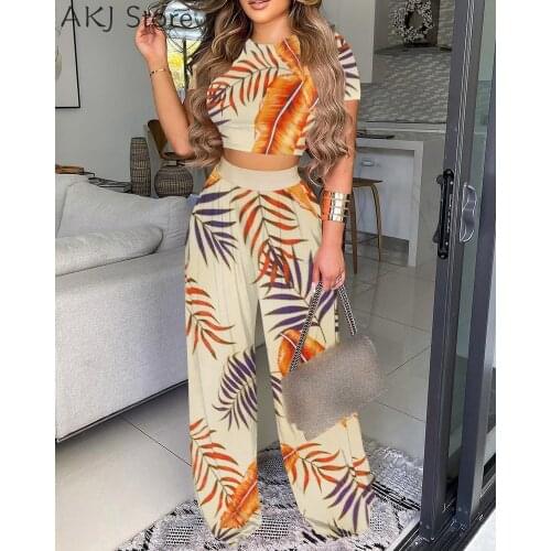 Summer Women Leaf Print Crop Top & Wide Leg Pants Sets