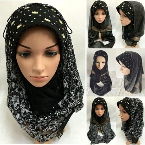 Fashion Muslim Wrap Hijab Islamic Beaded Scarf Arab Shawls Turban Headwear
