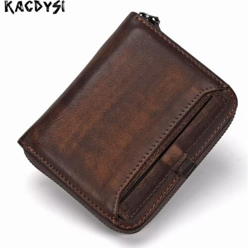 Handmade Genuine Leather Latest Men Wallets Zipper Vintage Hand Colored Wallet Cards Holder Top Quality Short Vertical Man Purse