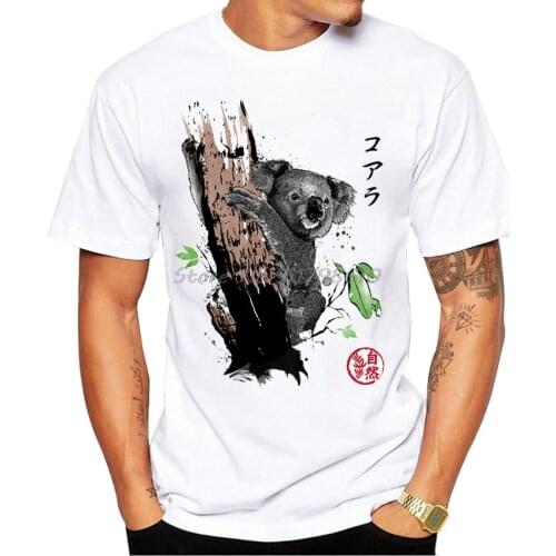New Summer Men Short Sleeve Wild Koala Print T-Shirt Funny Animal Design Boy Casual Tees Japan Painting Style White Tops