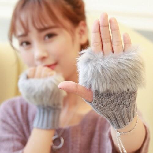 Autumn Winter Women Woolen Knitting Warm Hand Fingertip Writing Imitation Rabbit Hair Korean Girls Half Finger Gloves