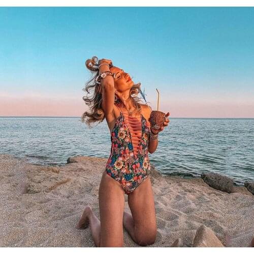 Sexy multi-rope one piece swimsuit women 2021 new big red flower print Girl Beach Bathing Suits