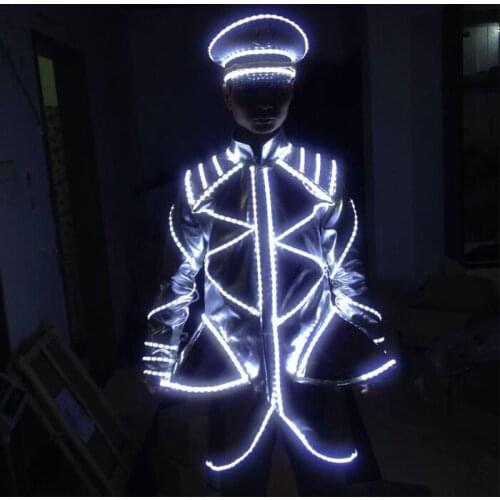 Cap Glowing clothes White led lumious coat nightclub male performance bar led armor hat flashing ktv service costume