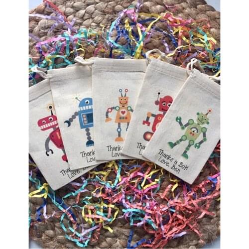 Robot Party favor bags personalised Baby Shower welcome Treat Bags kid birthday gift bag muslin candy bag drawstring baptism bag