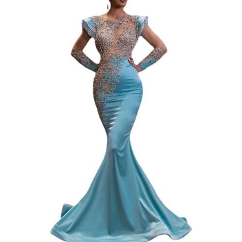 Party Banquet Mermaid Skirt Lace Dress Long Sleeve Slim O Neck Women 21 Spring Summer Hot Fashion Light Blue Feminina CX1475