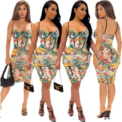Vintage Angel Print Corest Bodycon Midi Dress Summer Womens Sexy Spagetti Straps Ruched Skinny Party Club Wear Dresses