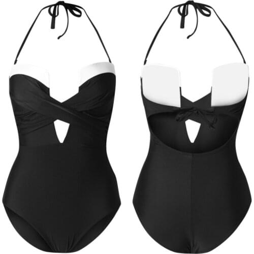 Women Casual Swimwear, Halter Black Sleeveless Boat Neck Off-the-shoulder Hollow Out Swimsuit 2021