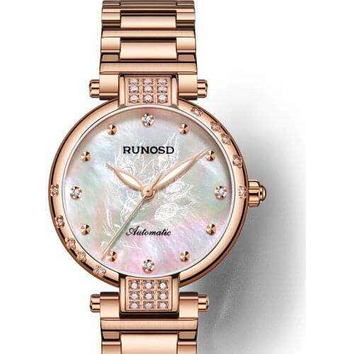 RUNOSD Rose gold ladies watch peacock feather miyota mechanical movement ceramic bracelet sapphire zircon dial stainless steel