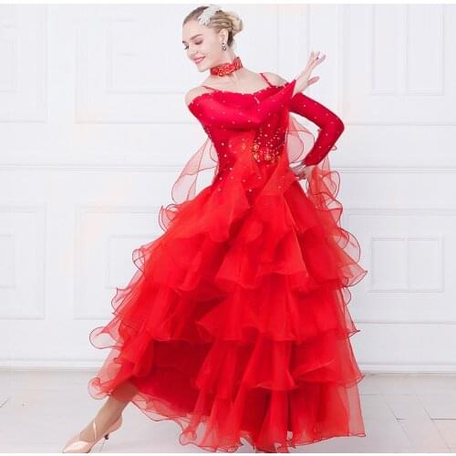 Women ballroom red Dance Performance Suit Long Sleeve Suit waltz foxtro National Standard Dance Skirt Dance Dress Performance