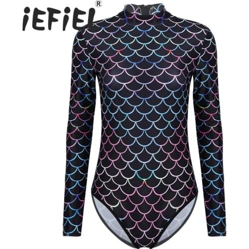 Womens Mermaid Costumes Leotard Shiny Metallic Fish Scales Printed Clear Detachable Adjustable Straps Ruffle Leotard Bodysuit
