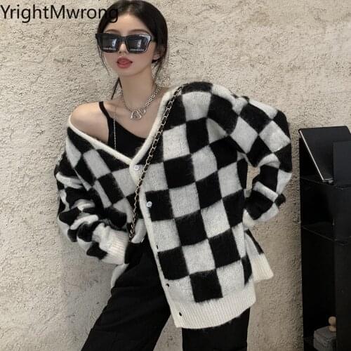 Button Outfit Knit Long Sleeve Loose V-neck Sweater Coat Women Autumn Vintage Fashion Cardigan Checkerboard Plaid Colorblock Top