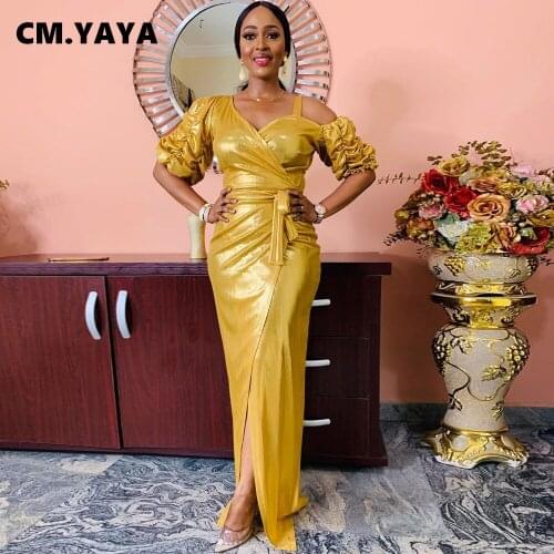 CM.YAYA Women Long Dress Short Puff Sleeve Asymmetrical Splited Bandage Sashes Maxi Dresses Fashion Party Vestidos Summer Outfit