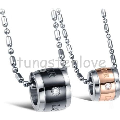 1 piece - Valentine Couples "Forever Love" Stainless Steel Cylinder Pendant Necklaces with Crystal for Womens Mens
