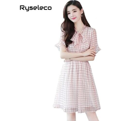 2018 Fashion Short Sleeve Casual Elegant Women Dresses Plaid Print Bow Ties A-Line Summer Clothing Girls Elastic Waist Vestidos