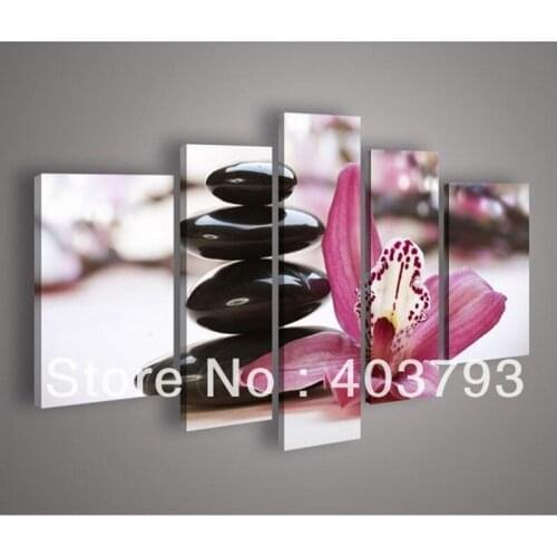 5 Panel Wall Art Botanical pink flower stone Feng Shui Orchid Oil Painting On Canvas Wall Art For Living Room