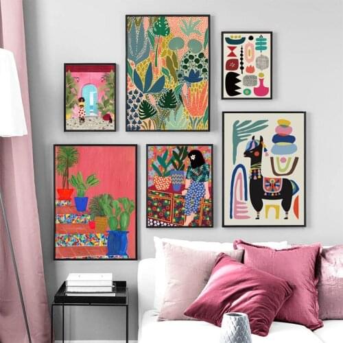 Abstract Girl Garden Green Potted Plant Multicolored Wall Art Canvas Painting Picture Poster and Modern Prints Unique Home Decor