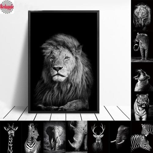 Black White Elephant lion Deer Tiger Leopard, rhinoceros, zebra 5D Diamond Embroidery painting full round drill diy mosaic decor