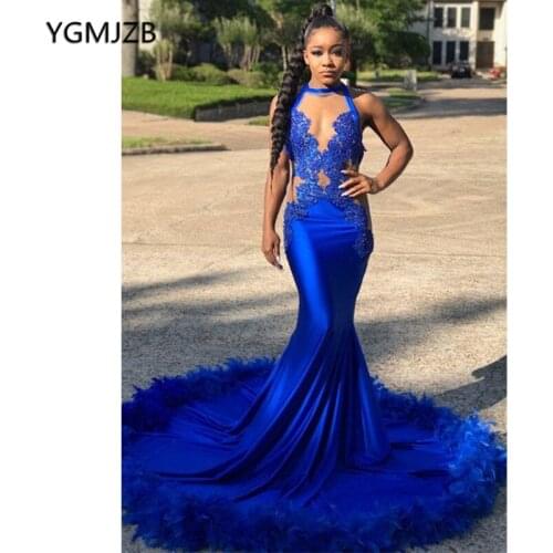 Long Sexy Prom Dress Plus Size African Black Girls Mermaid Feather Lace Beads Blue Graduation Dress Formal Party Gown Gala Dress