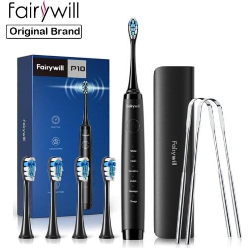 Fairywill Ultra-Sonic Electric Toothbrush P10 Rechargeable 4 Replacement Heads Smart Timer with Travel Case & Tongue Scraper