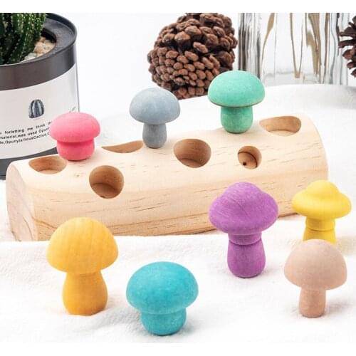 Montessori Toys Set Pulling Wooden Mushroom Shape Matching Size Color Cognition Early Learning Educational Aid Baby Kid Gift