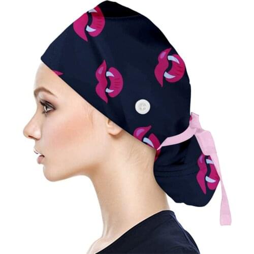 Multi-purpose Adjustable Ribbon Tie Printed Button Hat Comfortable Moisture Wicking Unisex Medical Clean Cook Work Cap