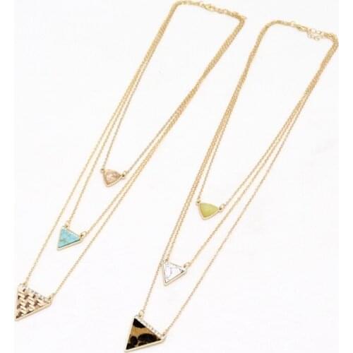 Fashion Straw Rope Braided Triangle Pendant Natural Stones Howlite Multilayers Chain Sweater Necklace Geometric Body Jewelry