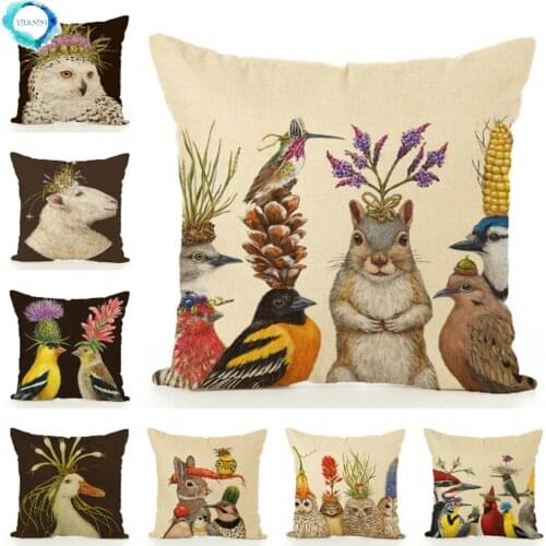 Decorative Cushion Cover Squirrel Bird Bear Fox Animal Printed Cotton Linen Pillowcase Couch Sofa Pillow Cover Living Room Decor