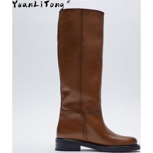 2021 ZA New Womens Boots Round Toe Boots Brown Retro Leather High-barreled Leather Thigh High Boots